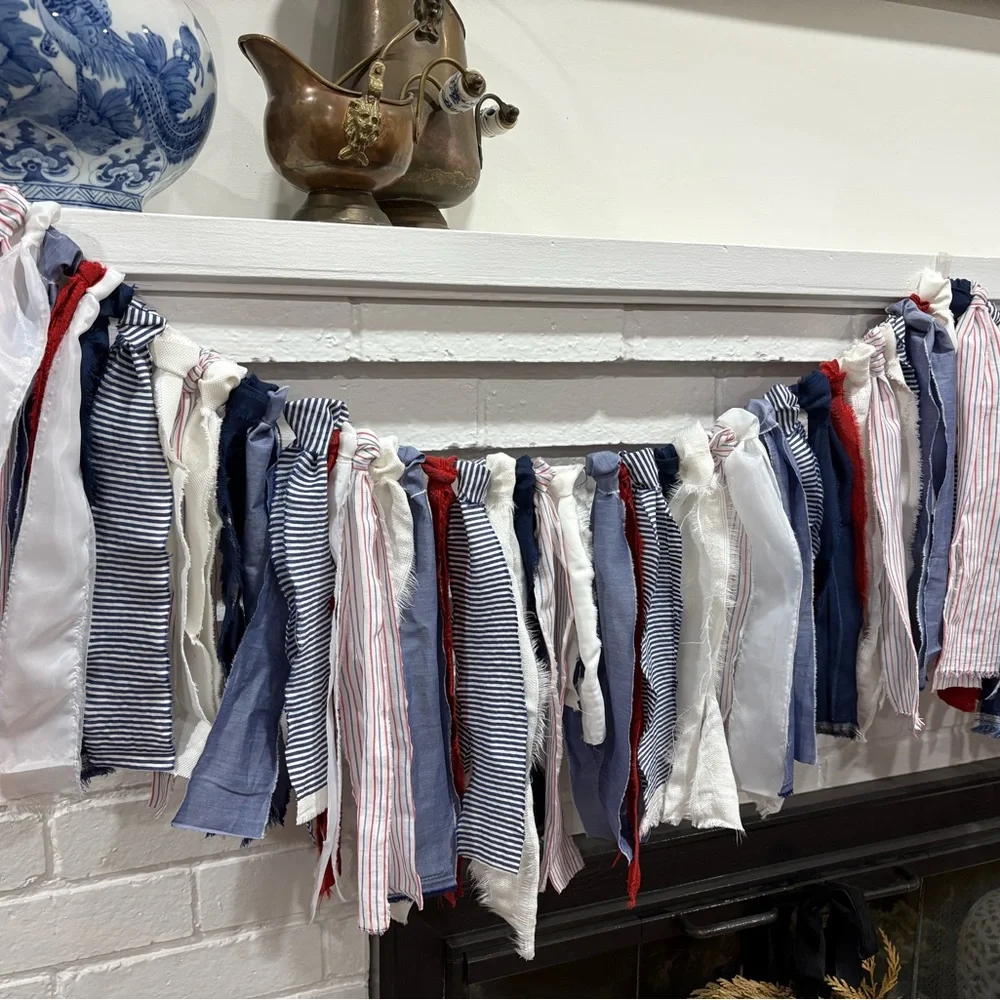 Patriotic Red, White & Blue Fabric Garland Streamer - Home Holiday Event Decor